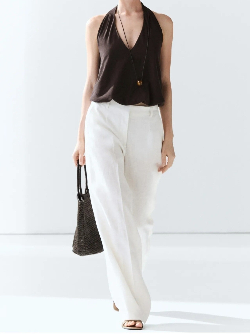 NWT Massimo Dutti Sz 10 White Wide-Leg Linen Trousers Quiet Luxury Resortwear